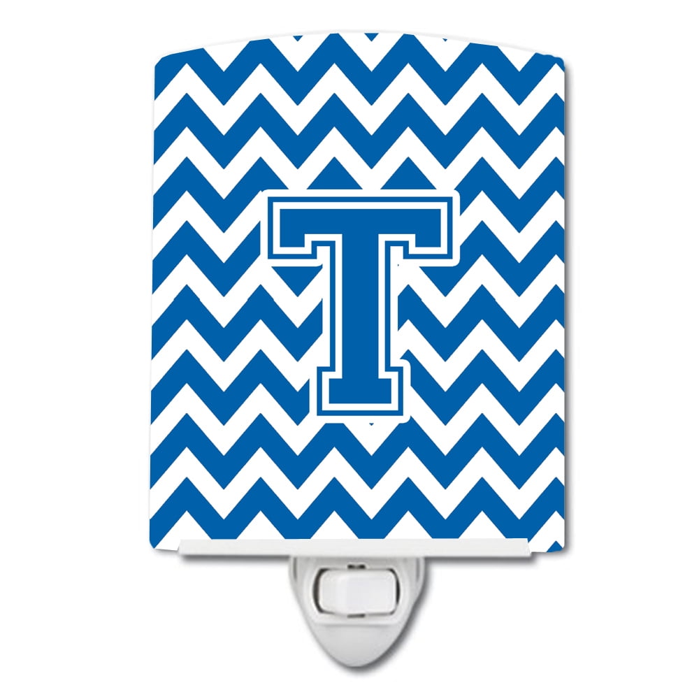 Letter T Chevron Blue & White Ceramic Night Light