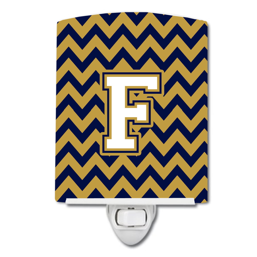 Letter F Chevron Navy Blue & Gold Ceramic Night Light