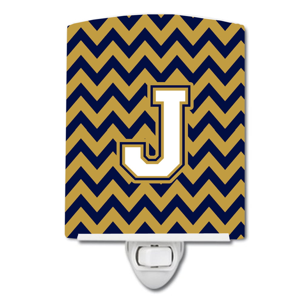 Letter J Chevron Navy Blue & Gold Ceramic Night Light