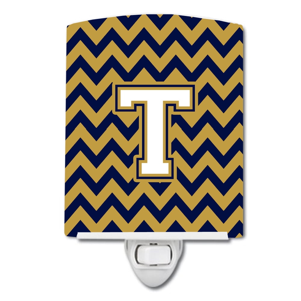 Letter T Chevron Navy Blue & Gold Ceramic Night Light