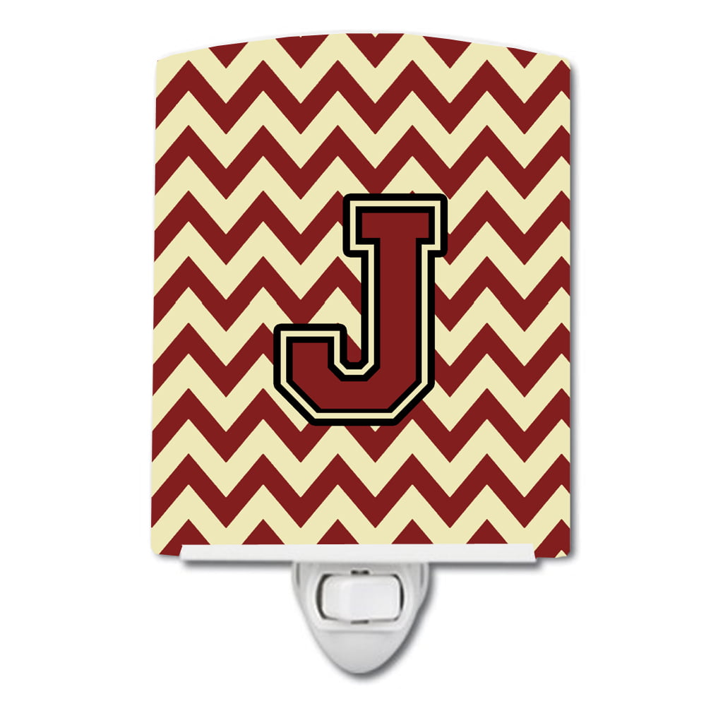 Letter J Chevron Maroon & Gold Ceramic Night Light