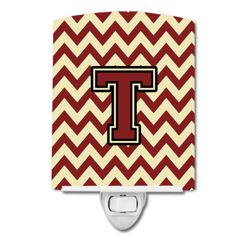 Letter T Chevron Maroon & Gold Ceramic Night Light
