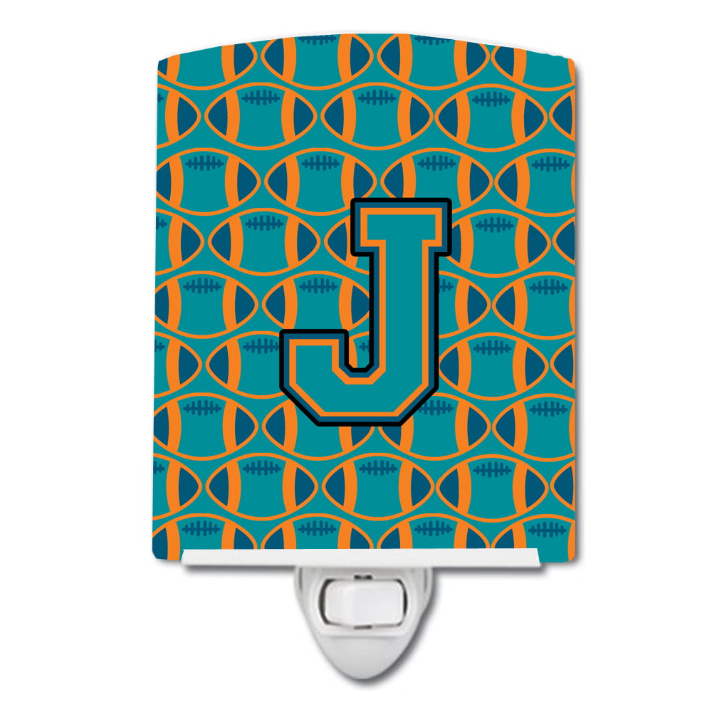 Letter J Football Aqua, Orange & Marine Blue Ceramic Night Light