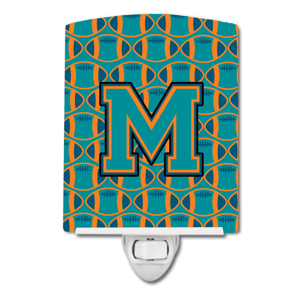 Letter M Football Aqua, Orange & Marine Blue Ceramic Night Light