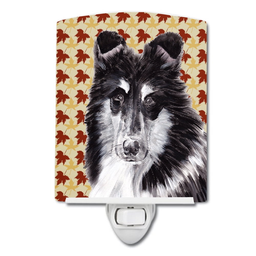 Black & White Collie Fall Leaves Ceramic Night Light