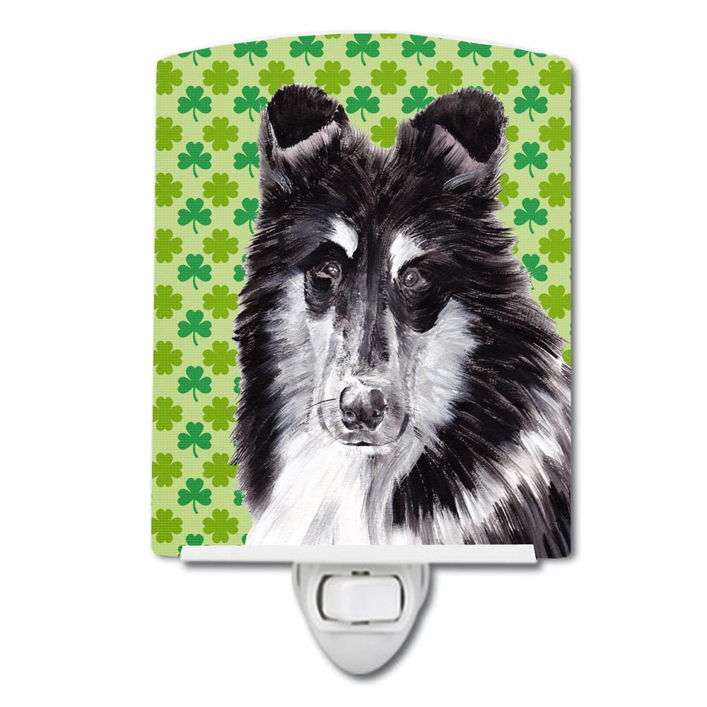Black & White Collie Lucky Shamrock St. Patricks Day Ceramic Night Light