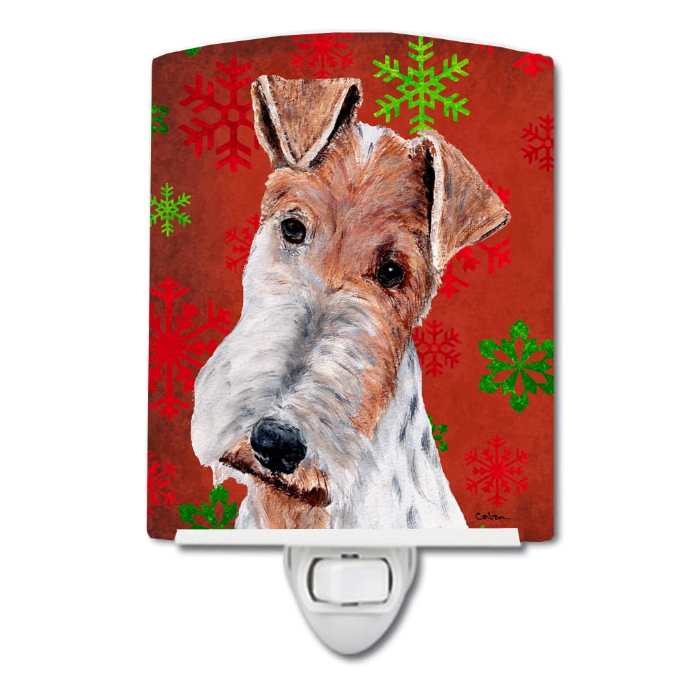 Wire Fox Terrier Red Snowflakes Holiday Ceramic Night Light