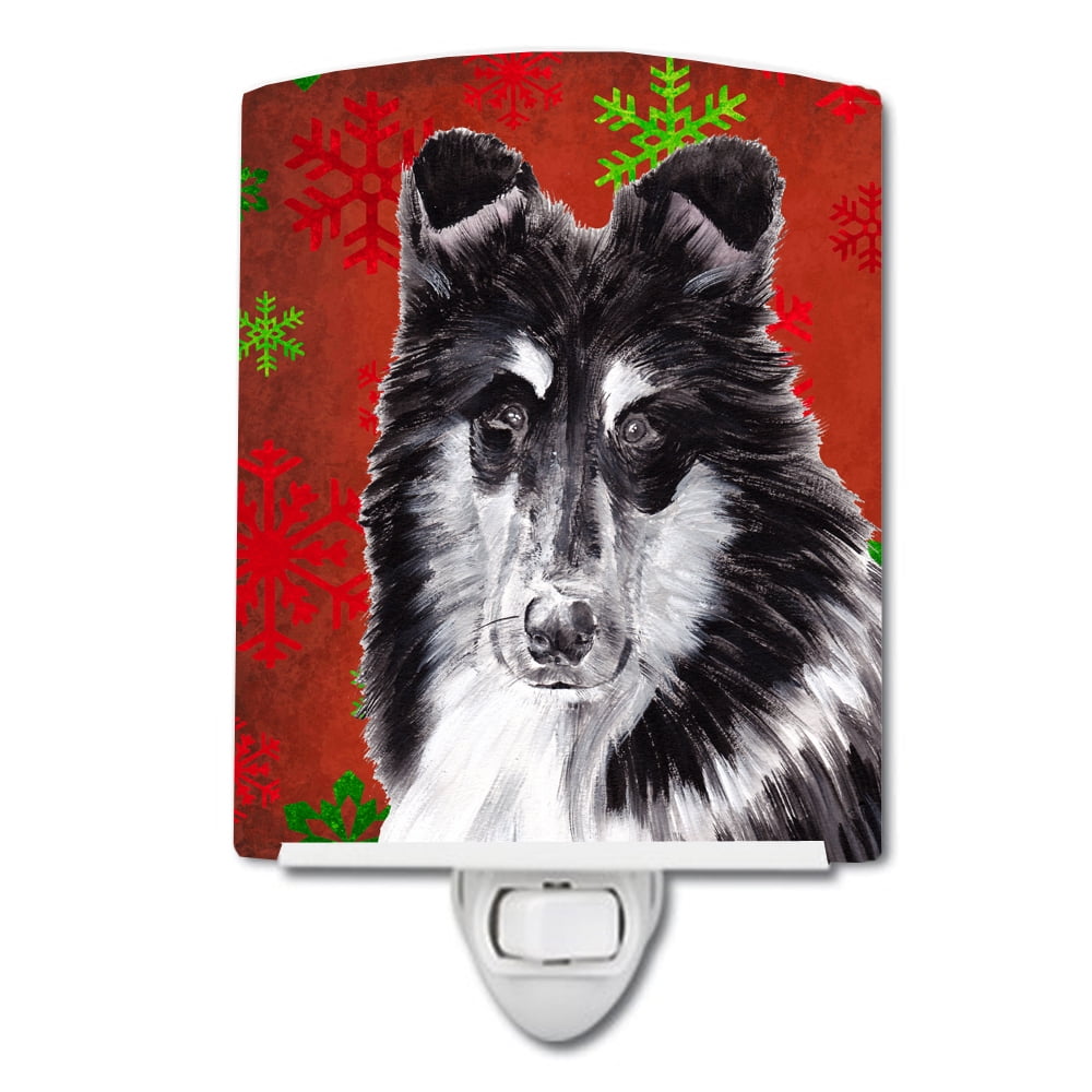 Black & White Collie Red Snowflakes Holiday Ceramic Night Light