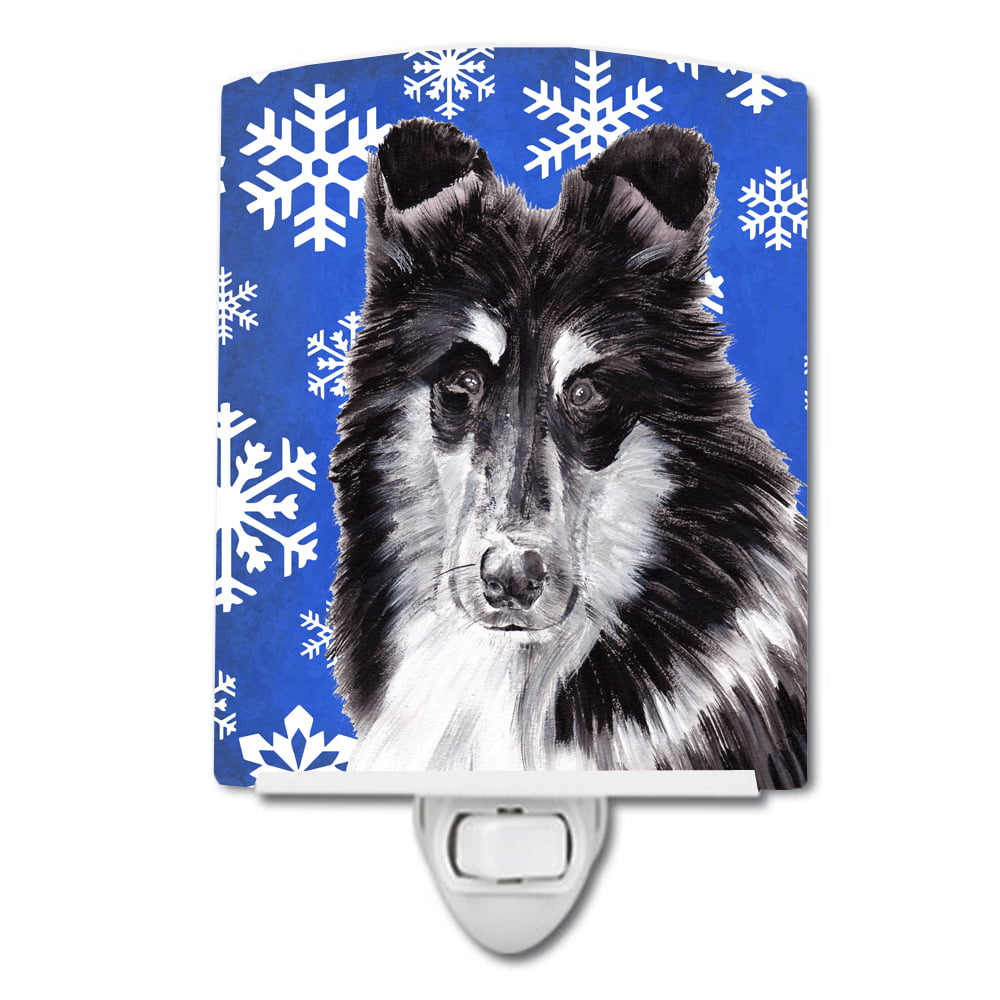 Black & White Collie Winter Snowflakes Ceramic Night Light