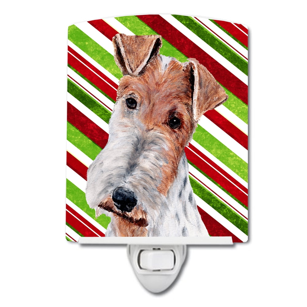 Wire Fox Terrier Candy Cane Christmas Ceramic Night Light