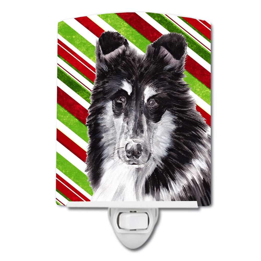 Black & White Collie Candy Cane Christmas Ceramic Night Light