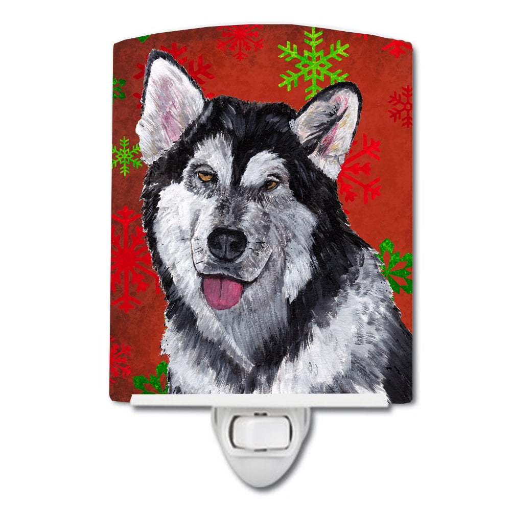 Alaskan Malamute Red Snowflakes Holiday Christmas Ceramic Night Light