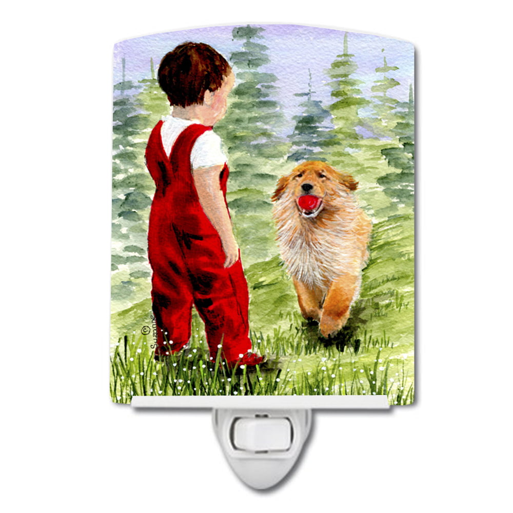 Little Boy with His Golden Retriever Ceramic Night Light