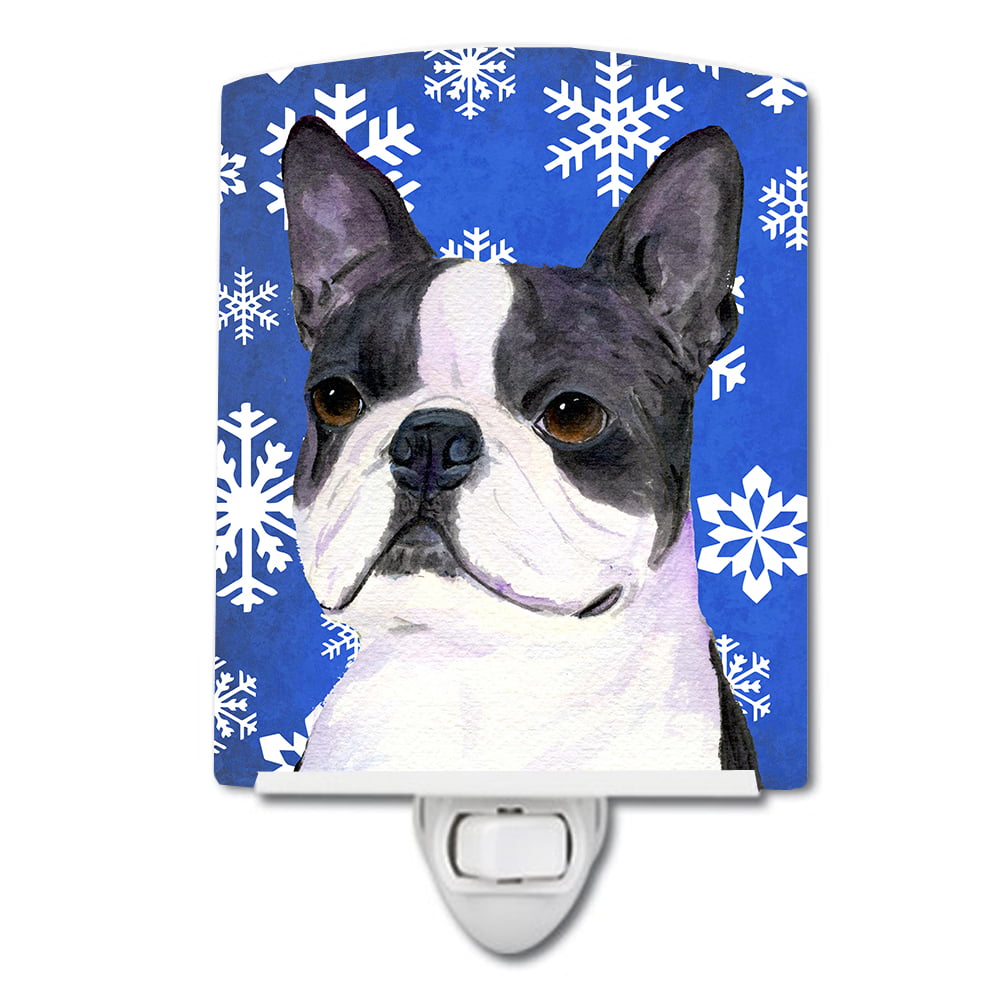 Boston Terrier Winter Snowflakes Holiday Ceramic Night Light