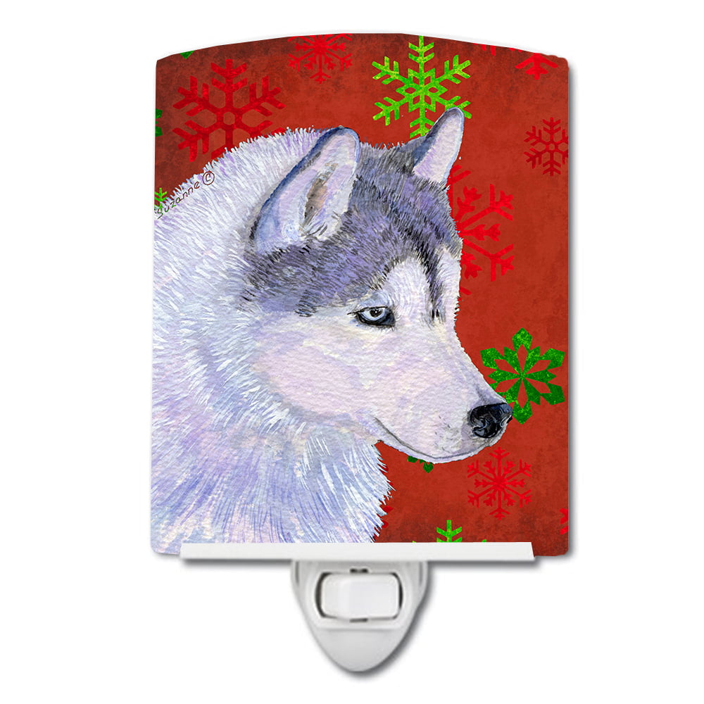 Siberian Husky Red & Green Snowflake Holiday Christmas Ceramic Night Light