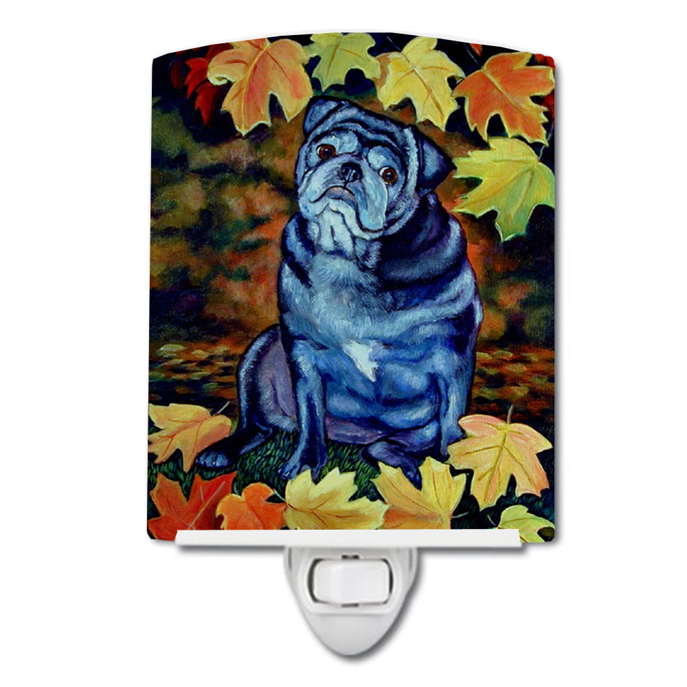 Old Black Pug in Fall Leaves Ceramic Night Light