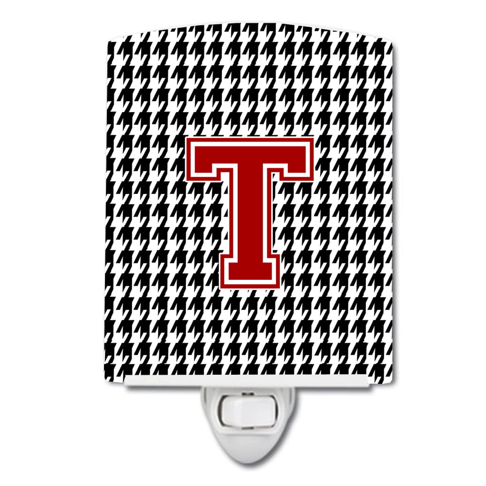 Letter T Monogram Houndstooth Black Ceramic Night Light