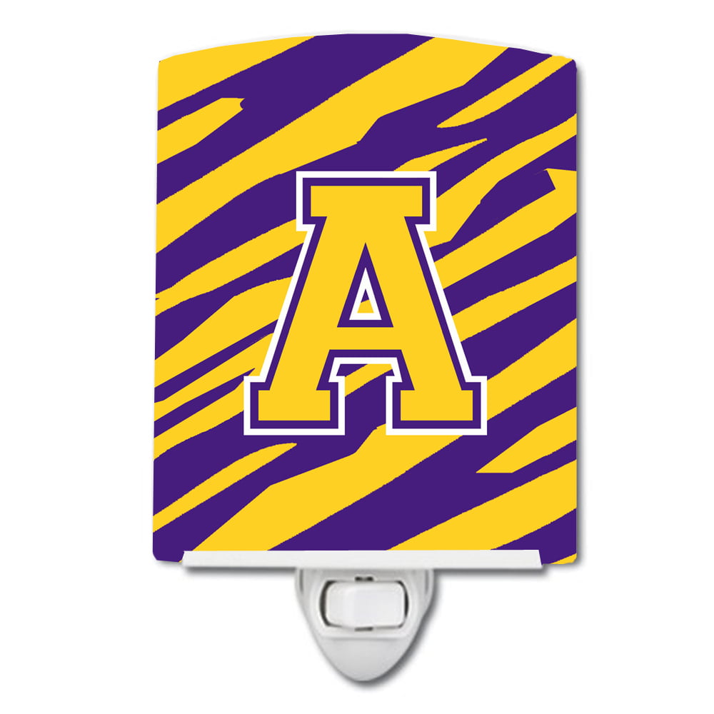Letter A Monogram Tiger Stripe Purple Gold Ceramic Night Light