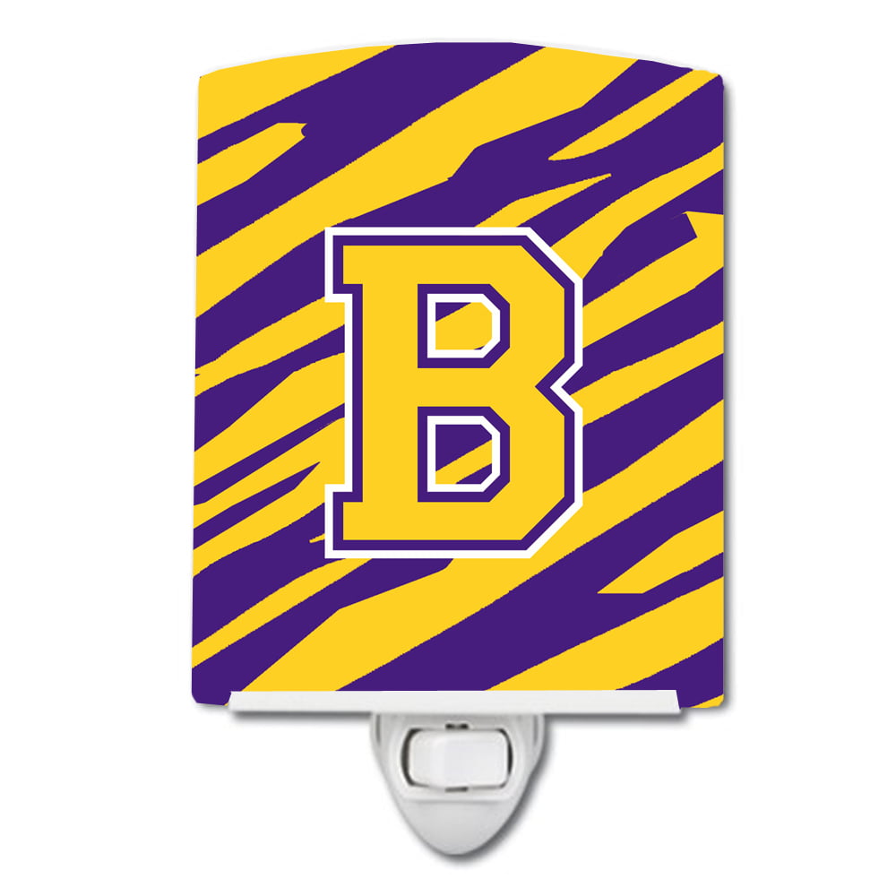 Letter B Monogram Tiger Stripe Purple Gold Ceramic Night Light