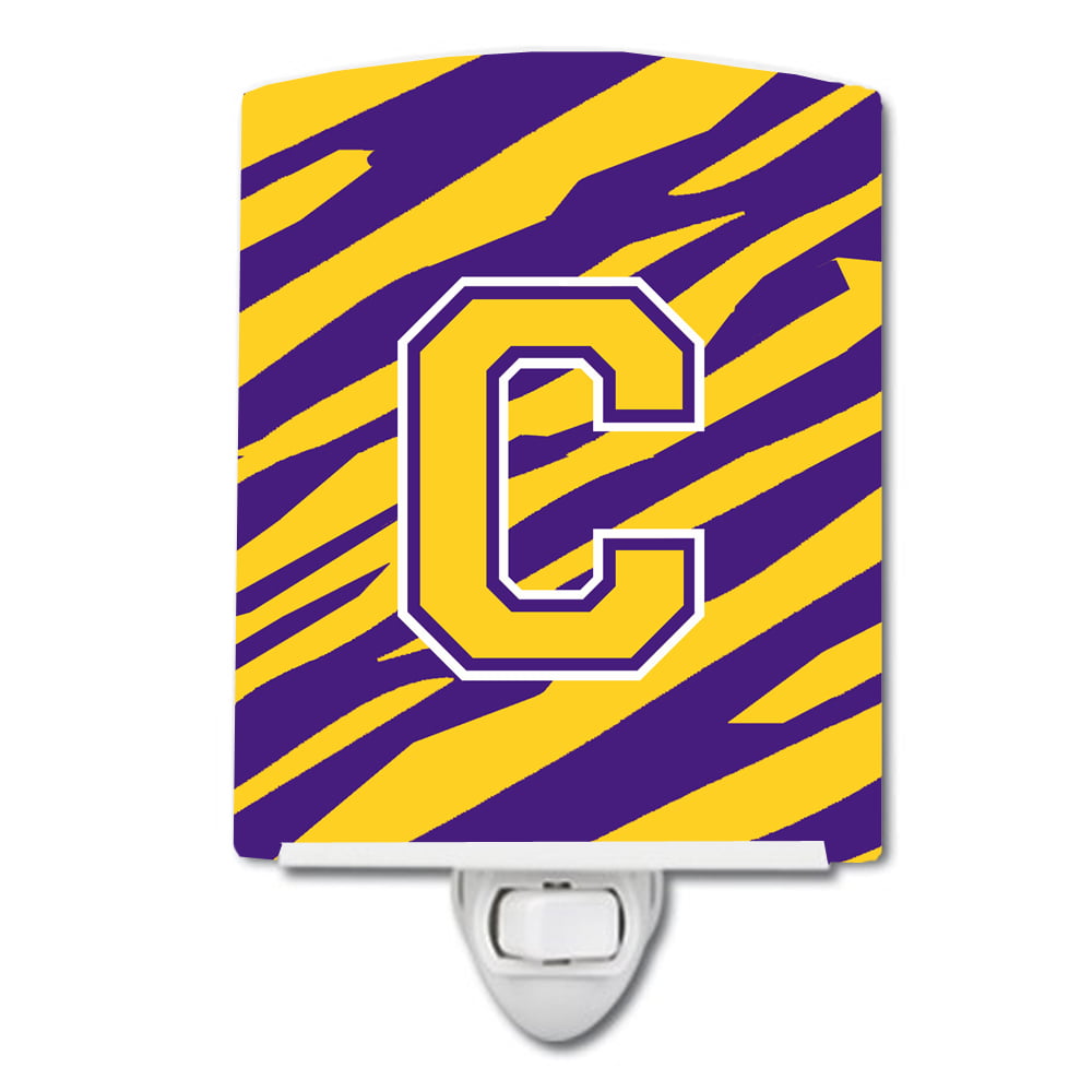 Letter C Monogram Tiger Stripe Purple Gold Ceramic Night Light