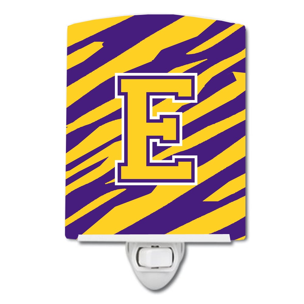 Letter E Monogram Tiger Stripe Purple Gold Ceramic Night Light