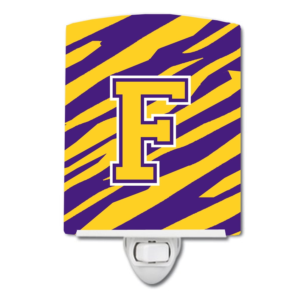 Letter F Monogram Tiger Stripe Purple Gold Ceramic Night Light