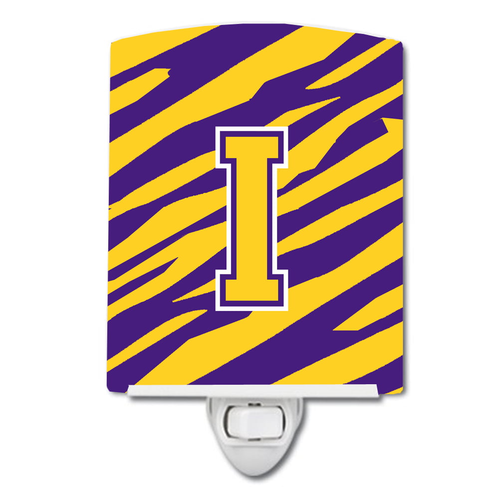 Letter I Monogram Tiger Stripe Purple Gold Ceramic Night Light