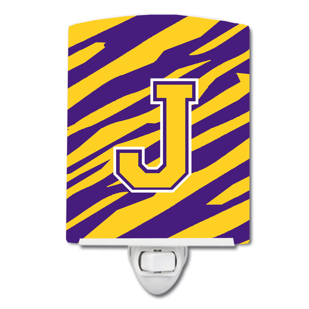 Letter J Monogram Tiger Stripe Purple Gold Ceramic Night Light