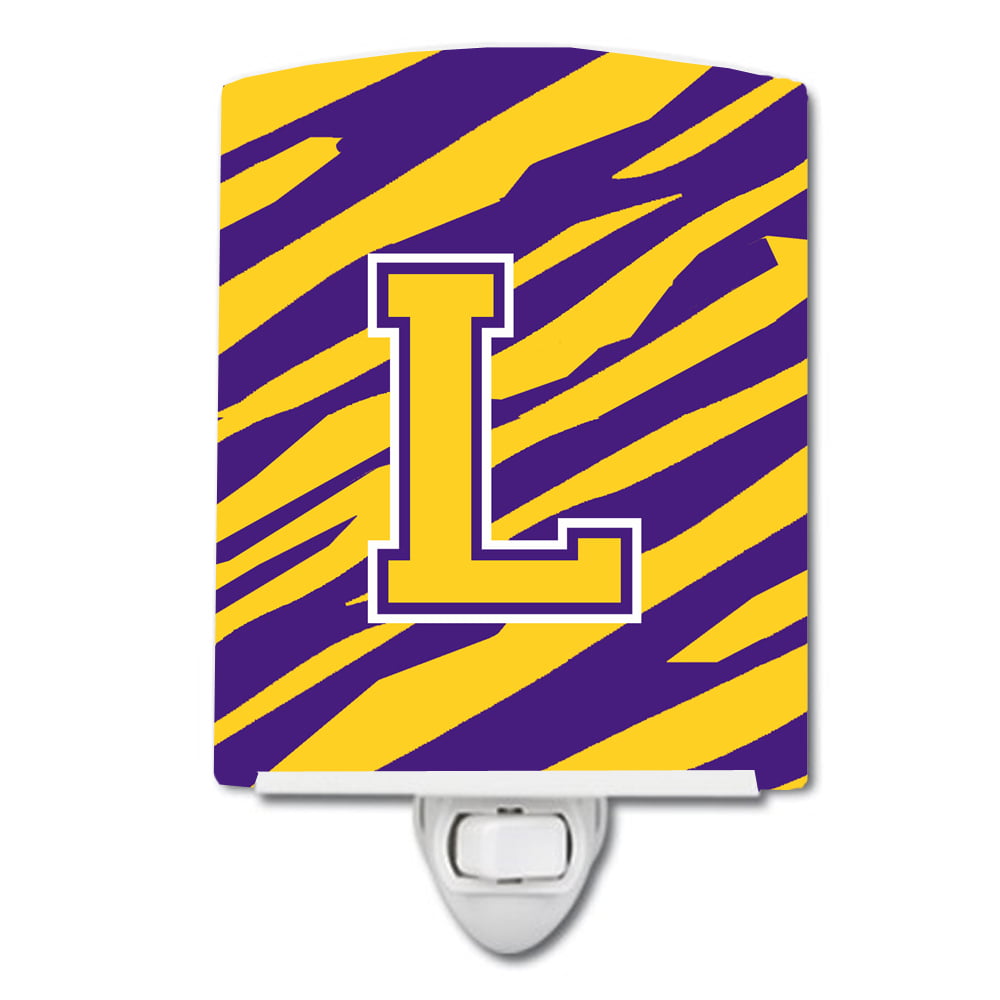 Letter L Monogram Tiger Stripe Purple Gold Ceramic Night Light