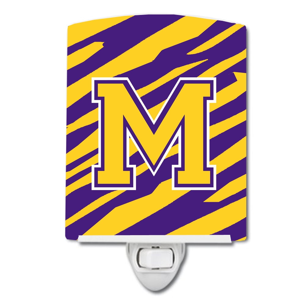 Letter M Monogram Tiger Stripe Purple Gold Ceramic Night Light