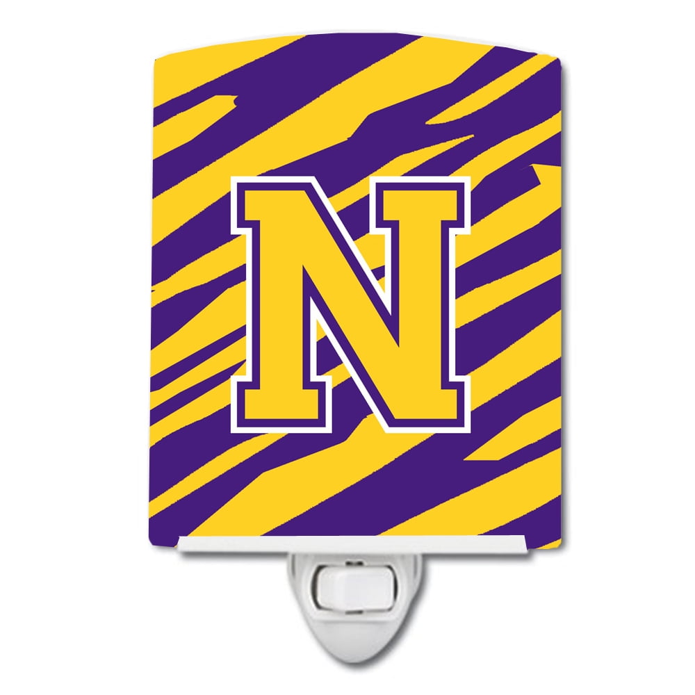 Letter N Monogram Tiger Stripe Purple Gold Ceramic Night Light