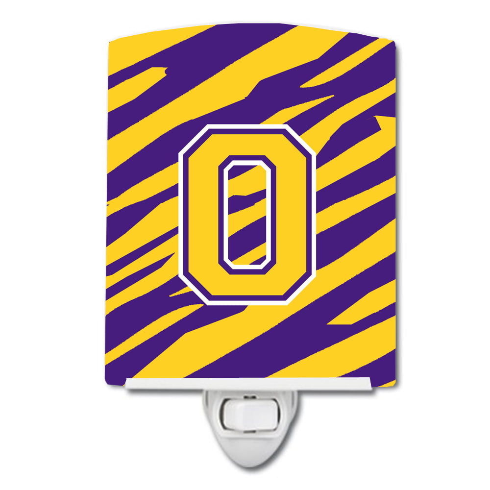 Letter O Monogram Tiger Stripe Purple Gold Ceramic Night Light