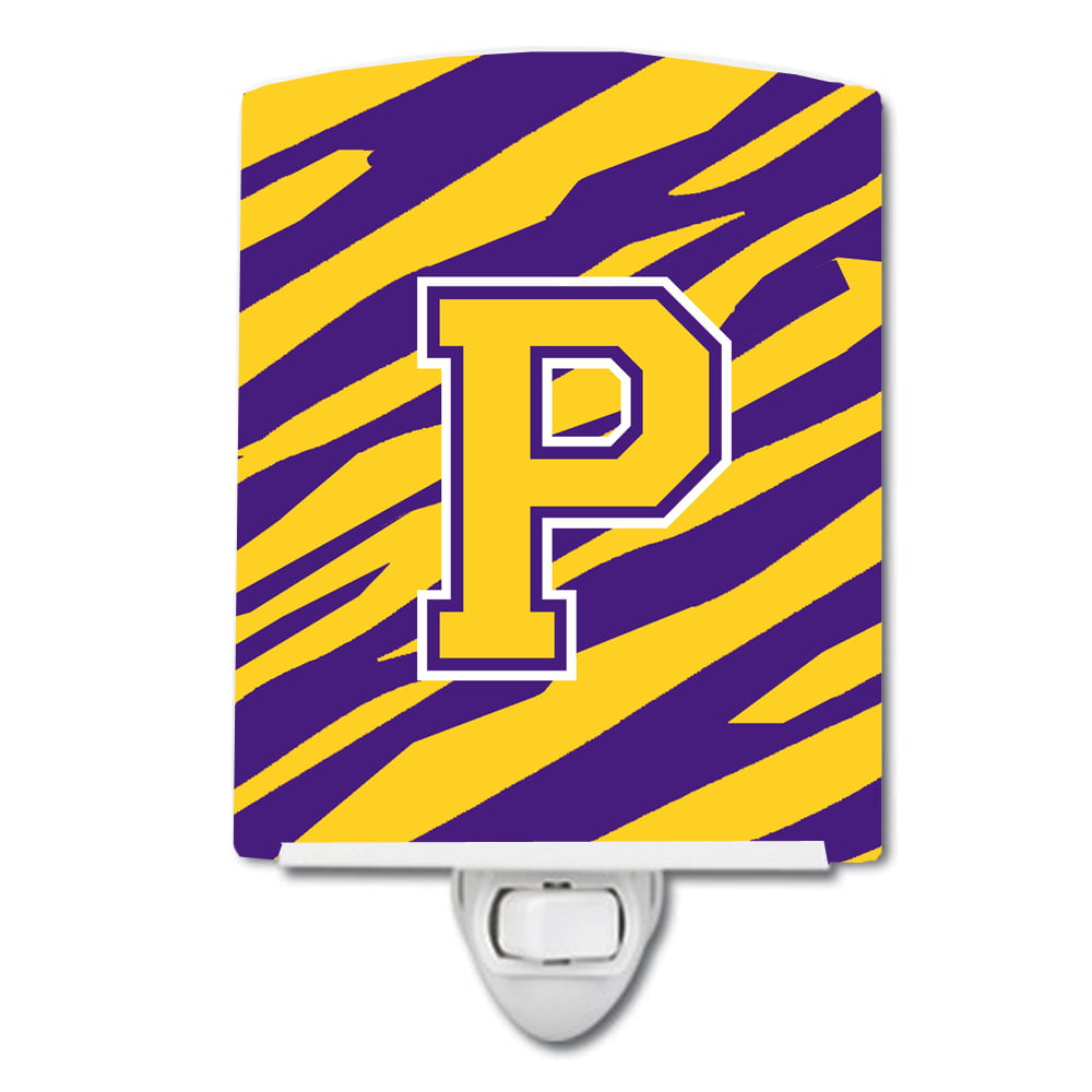 Letter P Monogram Tiger Stripe Purple Gold Ceramic Night Light