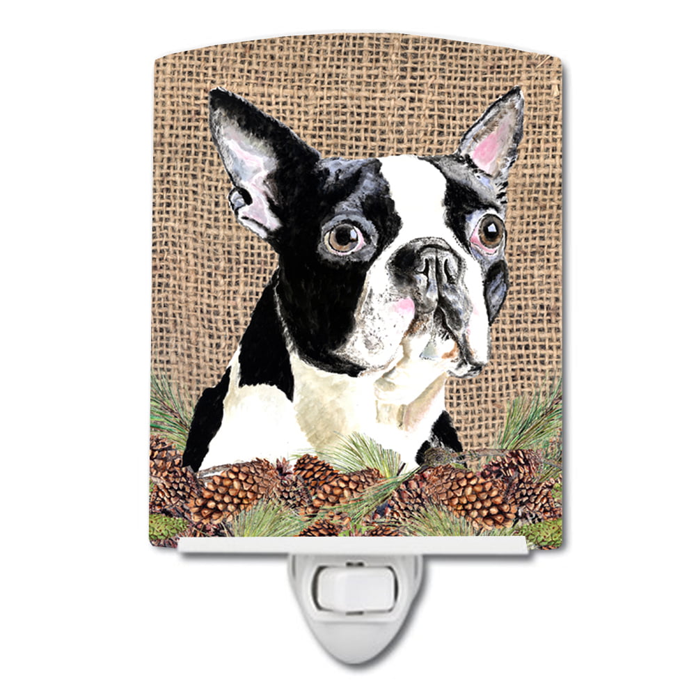 Boston Terrier Faux Burlap & Pine Cones Ceramic Night Light