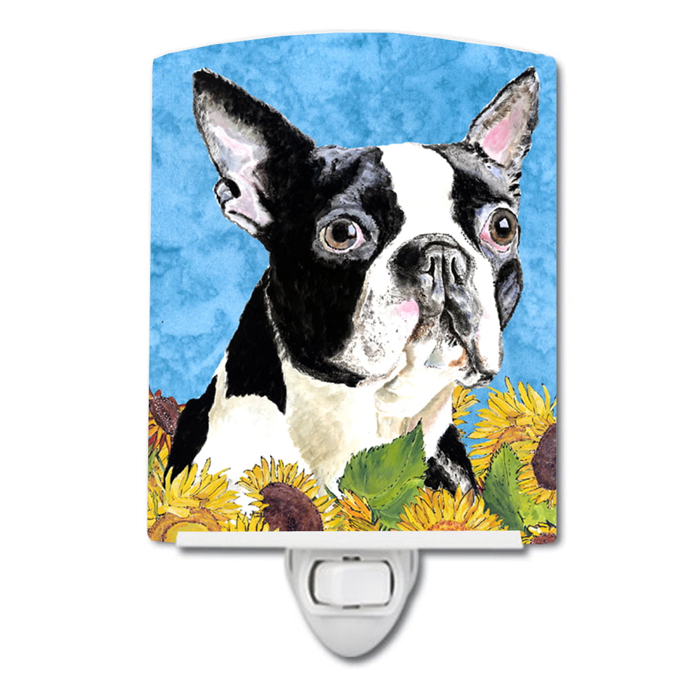 Boston Terrier in Summer Flowers Ceramic Night Light