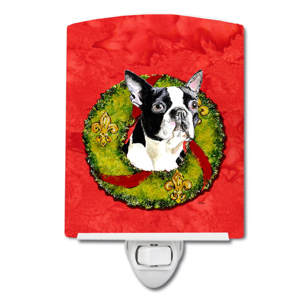 Boston Terrier Christmas Wreath Ceramic Night Light
