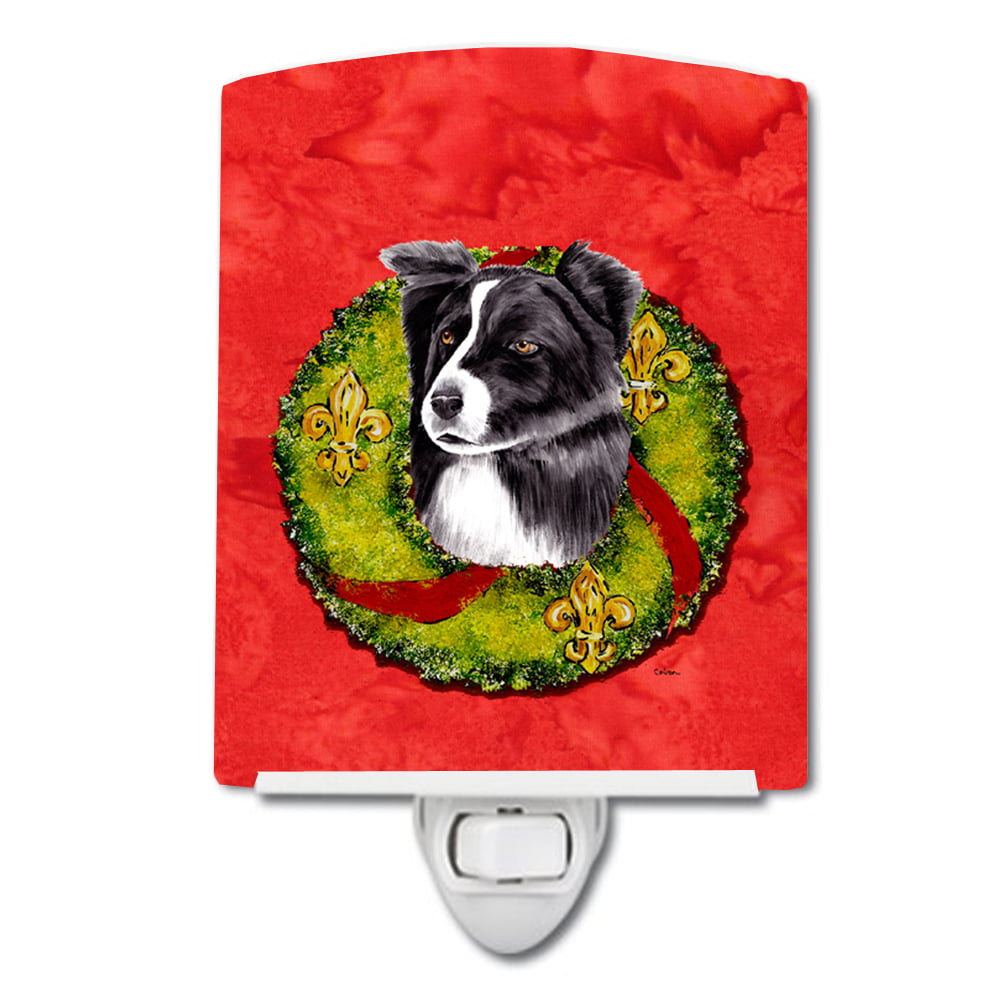 Border Collie Christmas Wreath Ceramic Night Light
