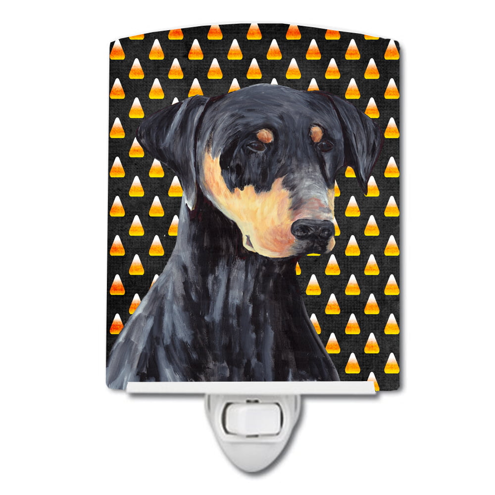 Doberman Natural Ears Candy Corn Halloween Portrait Ceramic Night Light
