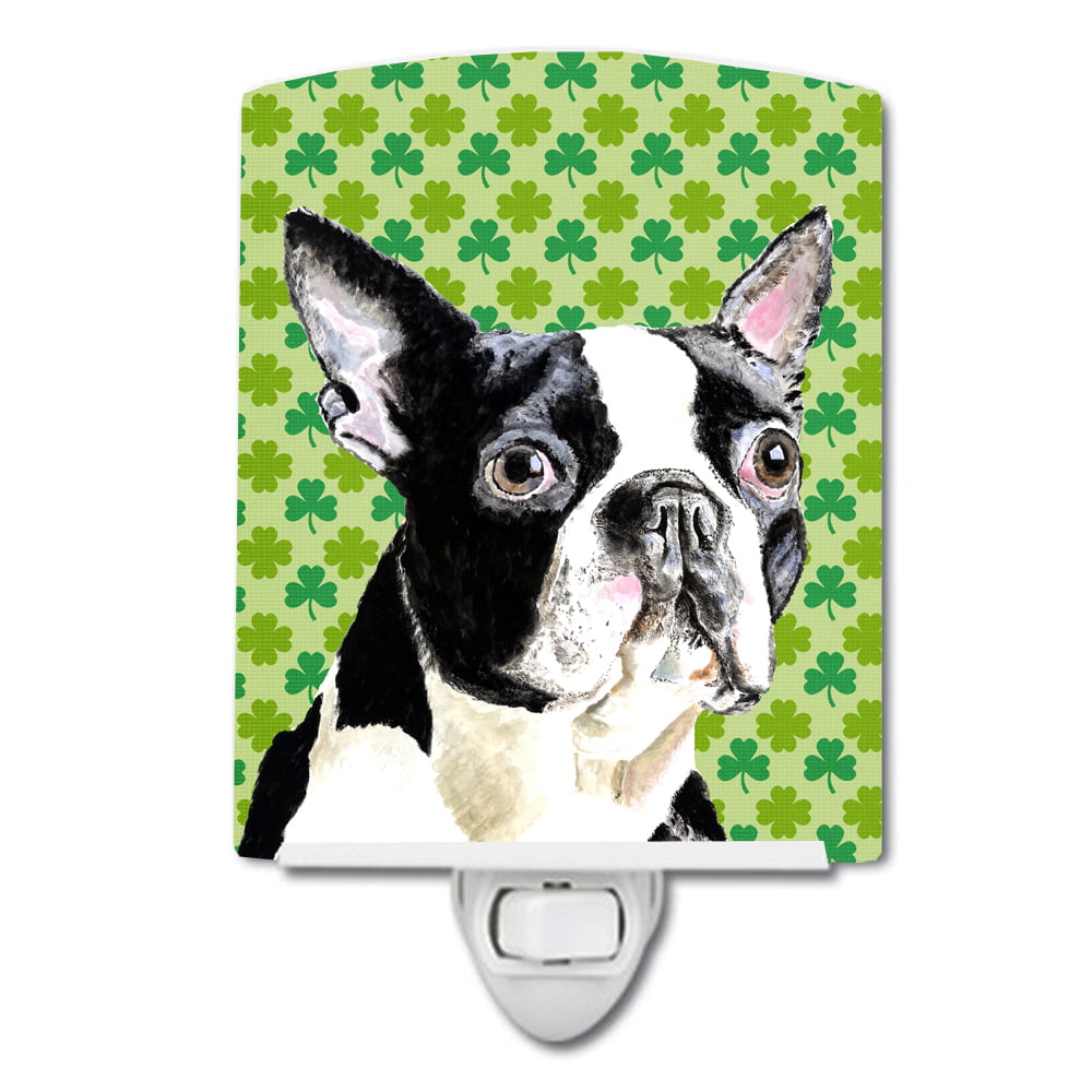 Boston Terrier St. Patricks Day Shamrock Portrait Ceramic Night Light
