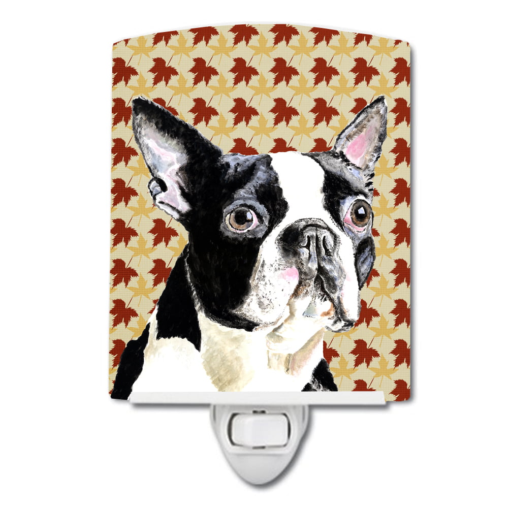 Boston Terrier Fall Leaves Portrait Ceramic Night Light