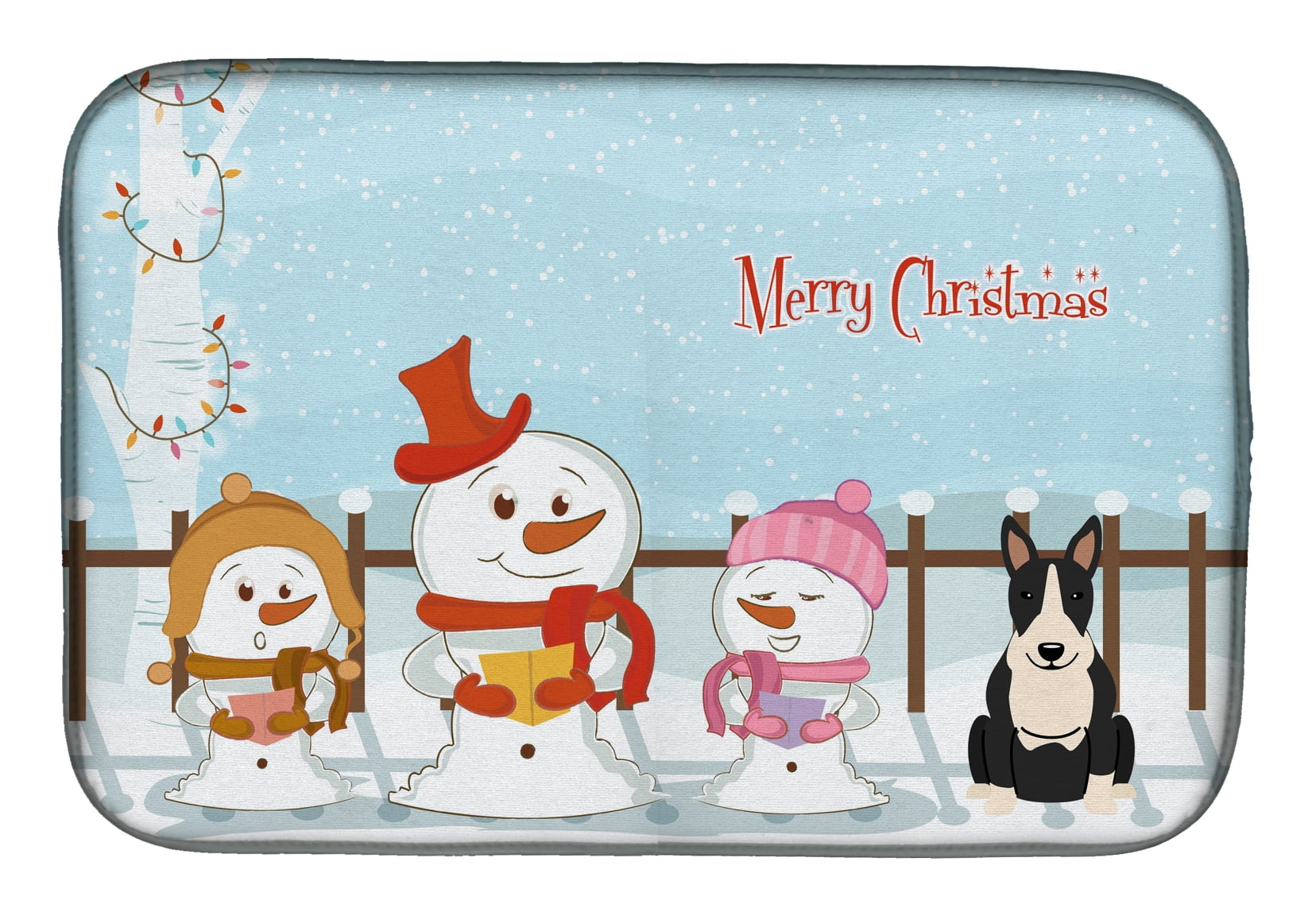 Merry Christmas Carolers Bull Terrier Black & White Dish Drying Mat