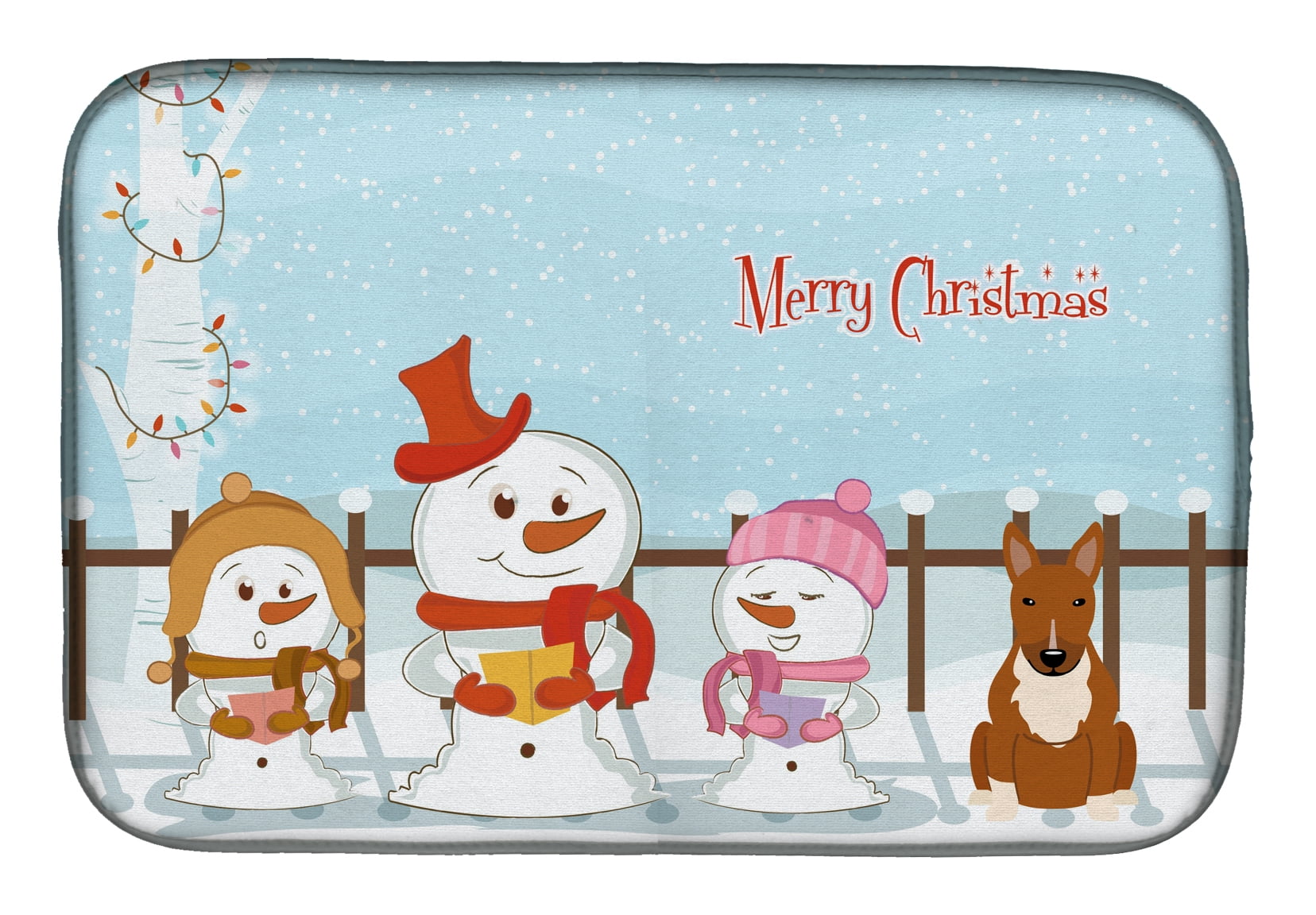 Merry Christmas Carolers Bull Terrier Red Dish Drying Mat