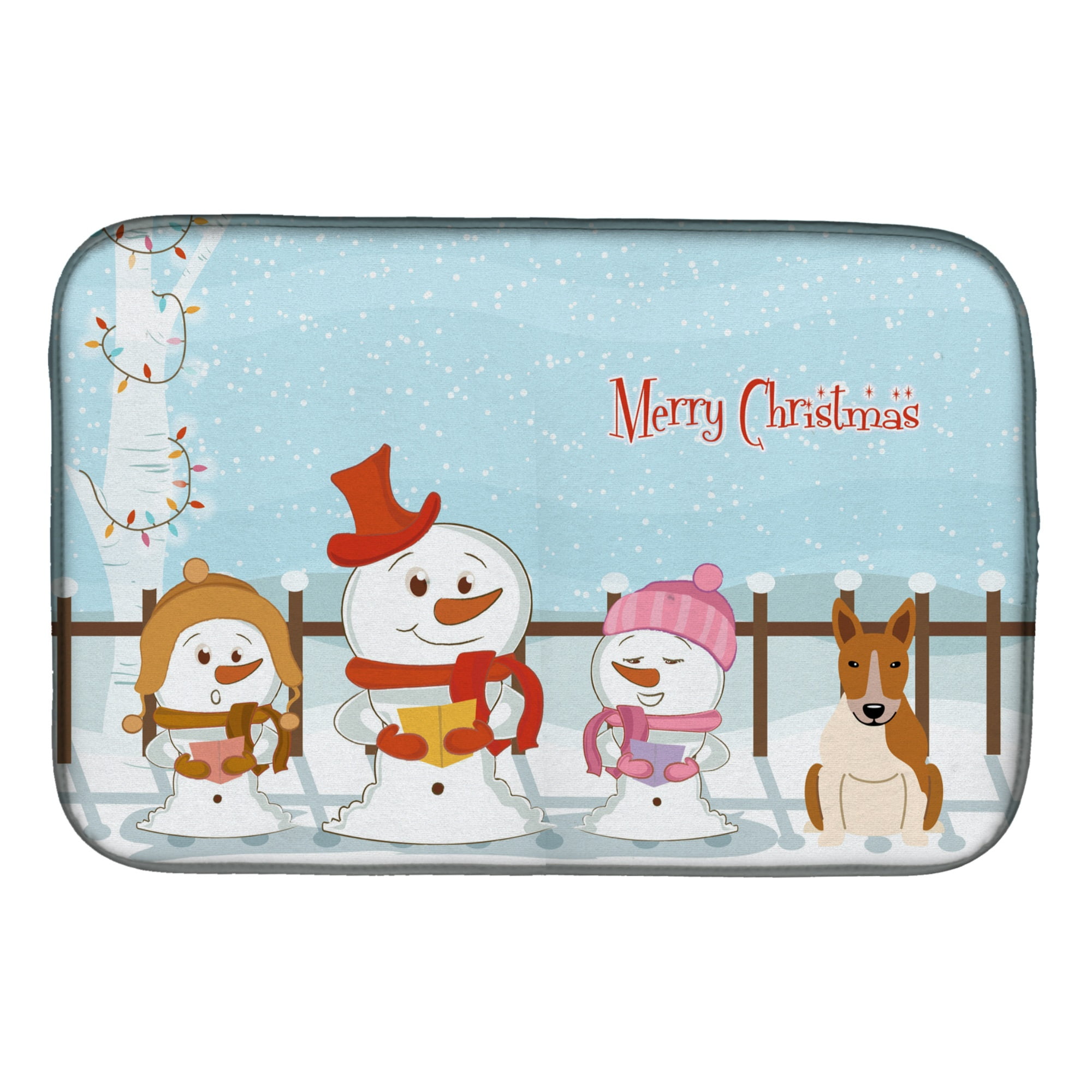 Merry Christmas Carolers Bull Terrier Red White Dish Drying Mat