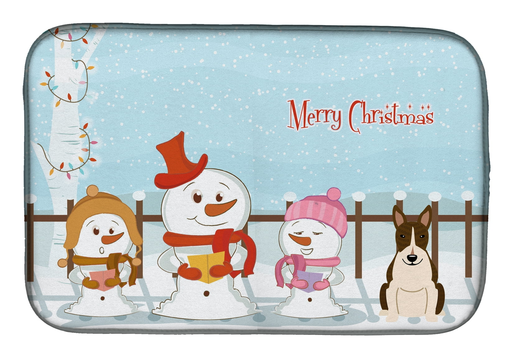 Merry Christmas Carolers Bull Terrier Dark Brindle Dish Drying Mat