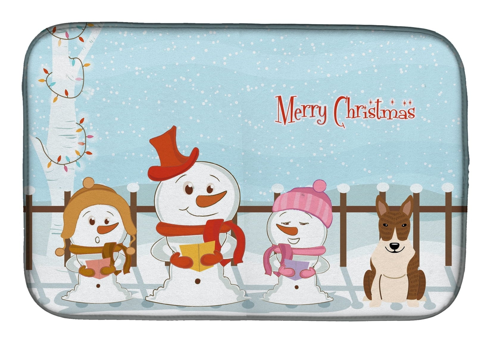 Merry Christmas Carolers Bull Terrier Brindle Dish Drying Mat