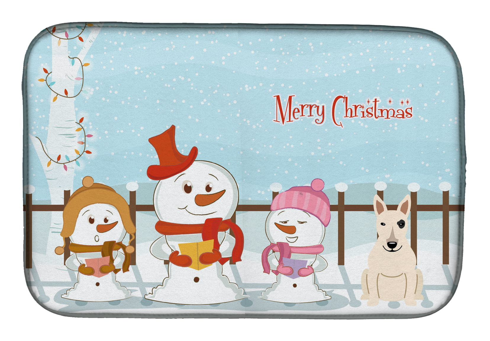 Merry Christmas Carolers Bull Terrier White Dish Drying Mat