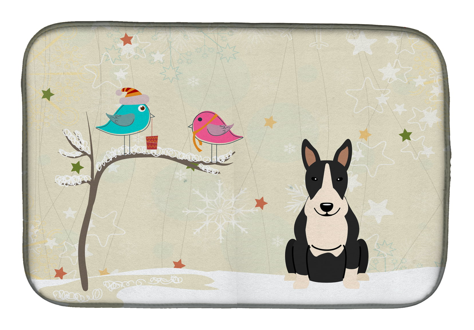 Christmas Presents Between Friends Bull Terrier Black & White Dish Drying Mat