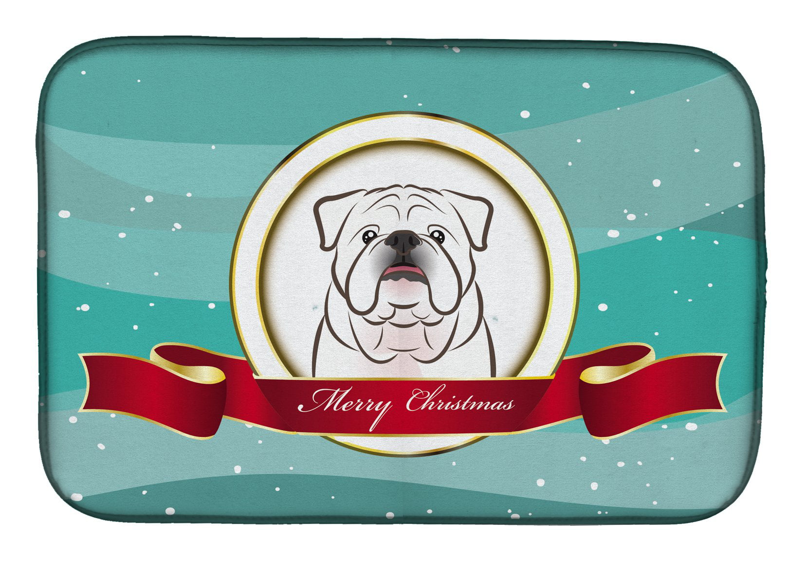White English Bulldog Merry Christmas Dish Drying Mat