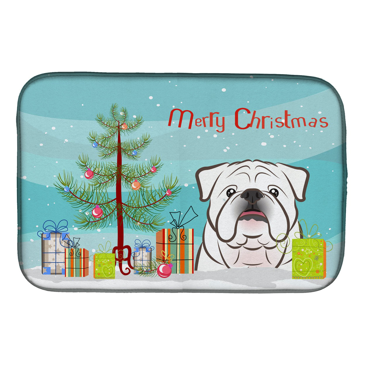 Christmas Tree & White English Bulldog Dish Drying Mat