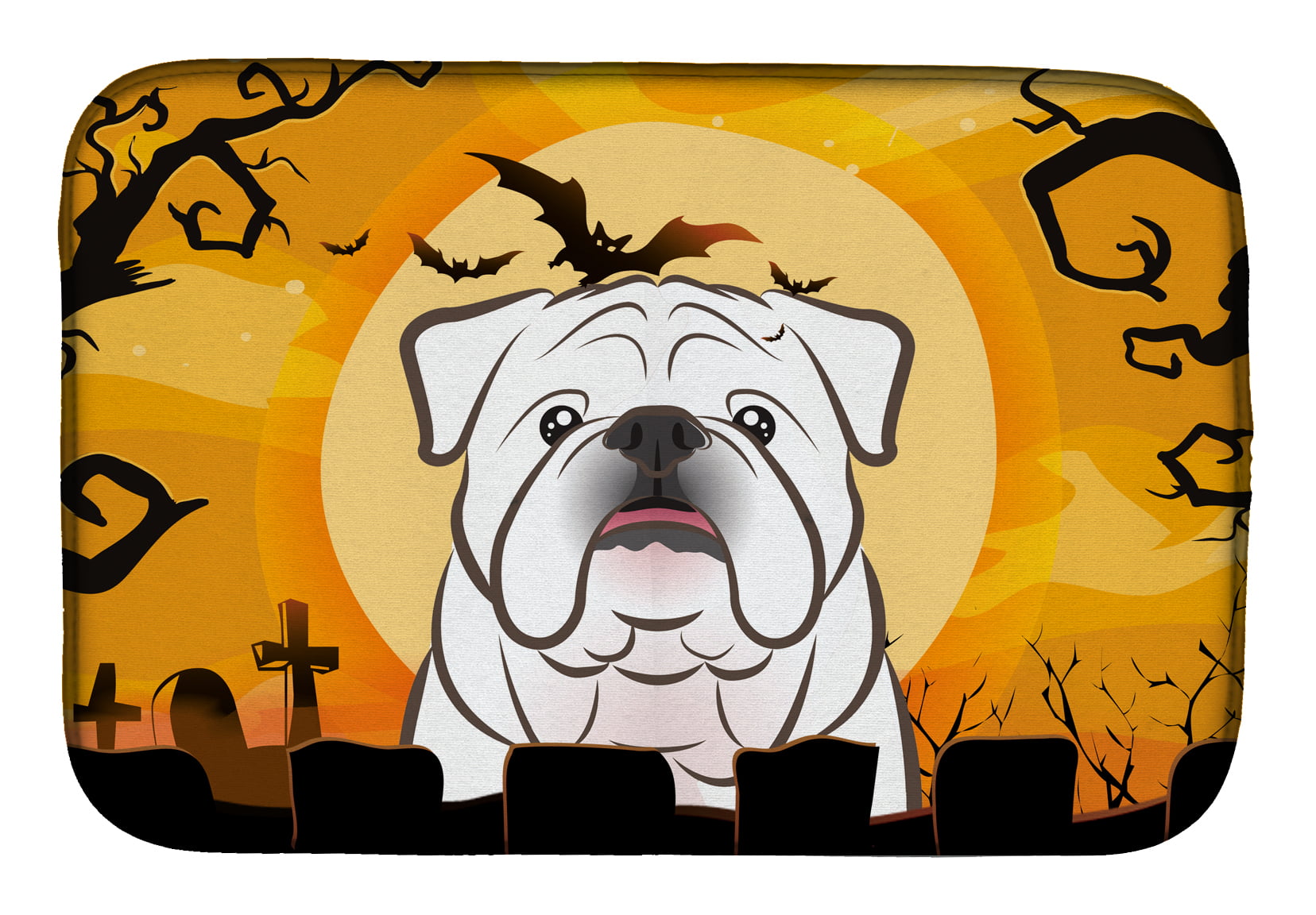 Halloween White English Bulldog Dish Drying Mat